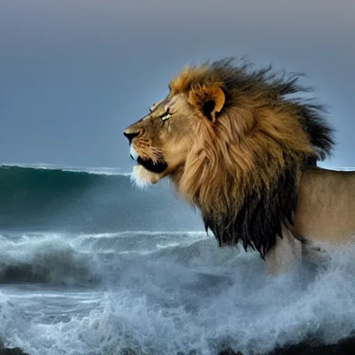 Image similar to a lion's face breaching through a wave, stormy weather