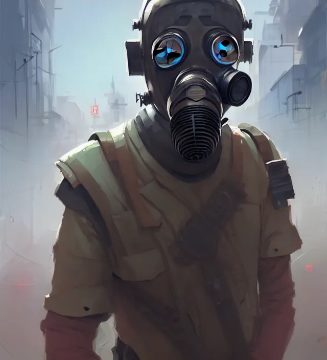 Image similar to a man wearing gas mask, holding shotgun, running on the street full of people, no one notice him. concept art by rossdraws, james jean, andrei riabovitchev, marc simonetti, sakimichan, trending on artstation