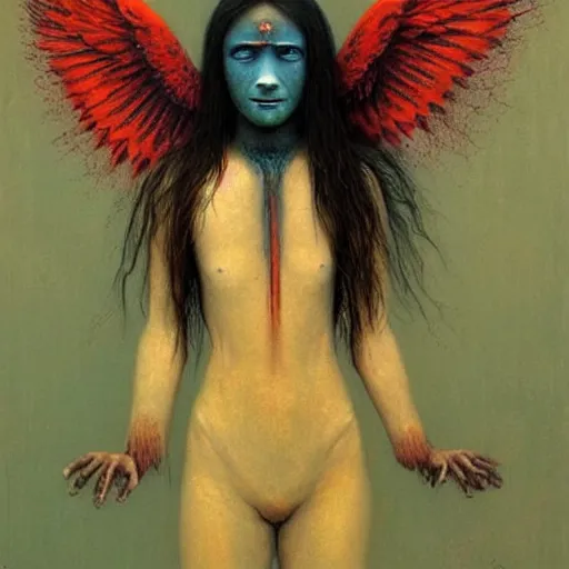 Image similar to young teen half-crow girl. She has black wings, painting by Beksinski