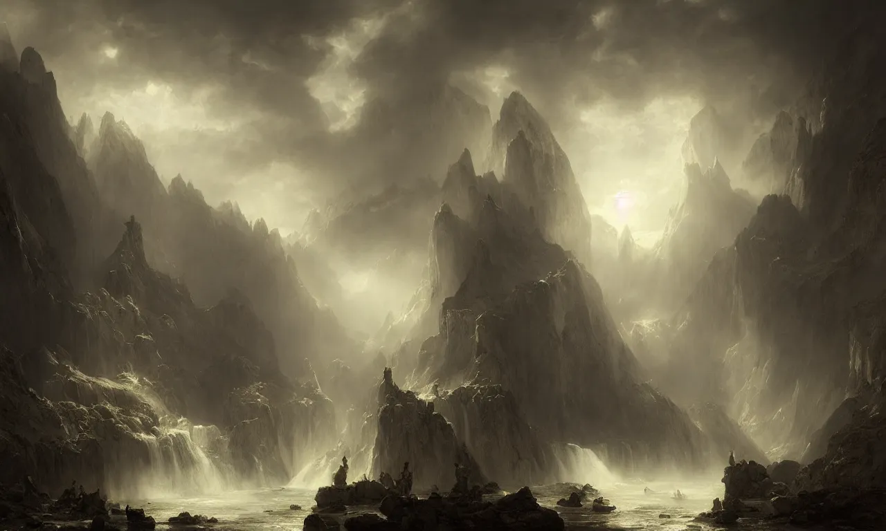 Prompt: great hall of the mountain king. andreas achenbach, artgerm, mikko lagerstedt, zack snyder, tokujin yoshioka