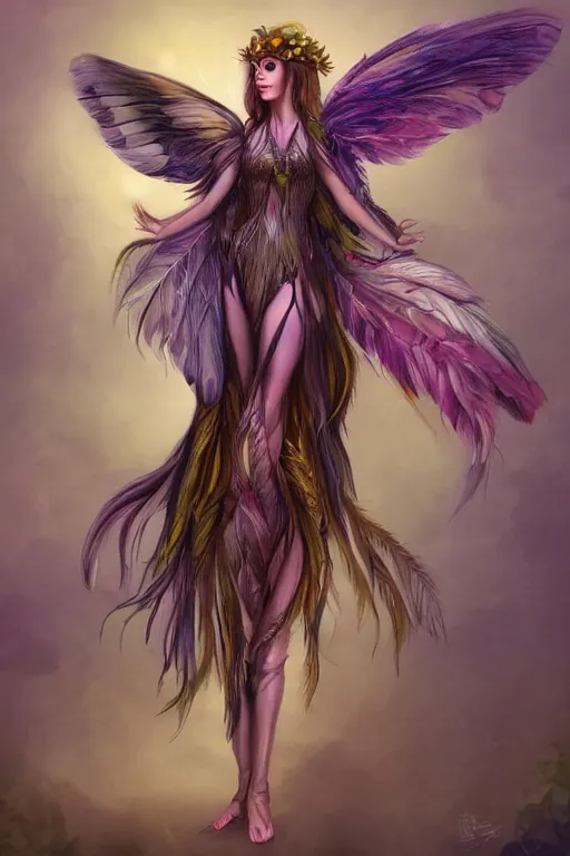 Prompt: wonderdream faeries lady feather wing digital art painting fantasy bloom snyder zack and swanland raymond and pennington bruce illustration character design concept atmospheric lighting butterfly