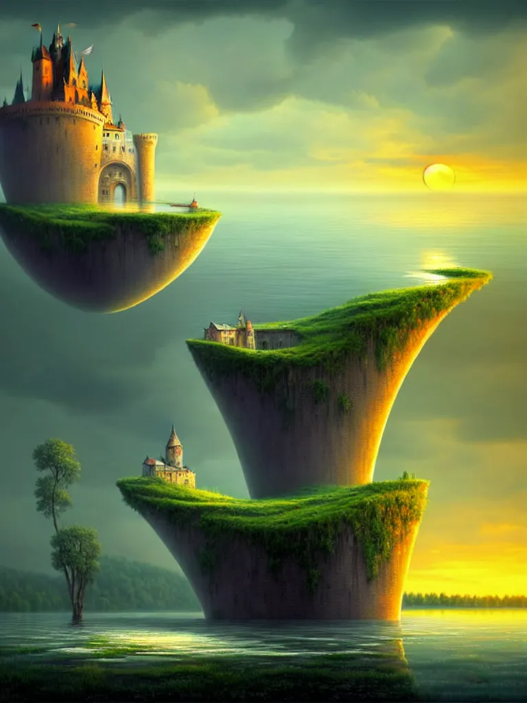 Image similar to gediminas pranckevicius an immense gigantic ornated iron cup with a lake inside, water in excess droping by, boats, castle, sunset, volumetric light, godrays, diorama