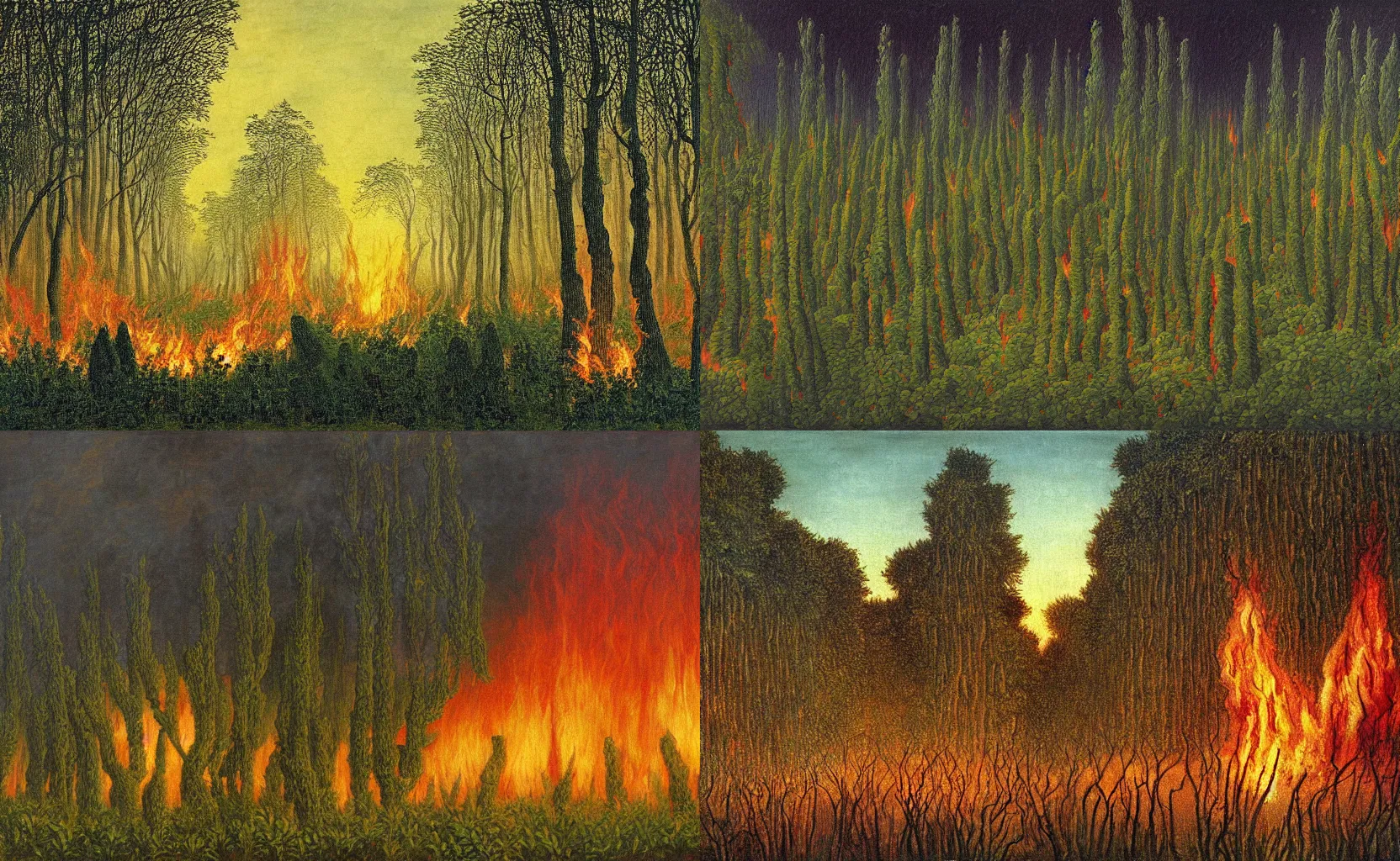 Prompt: a painting of a hedge maze that is on fire, burning conflagration, flames, painted by Caspar David Friedrich, dream-like