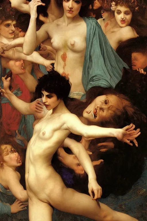 Prompt: a renaissance oil painting by alma tadema of demonic beautiful vampire woman running in fear from a group of gigantic cats, colourful pastel trending artstation, detailed portrait academic bouguereau caravaggio high shadow contrast medium shot