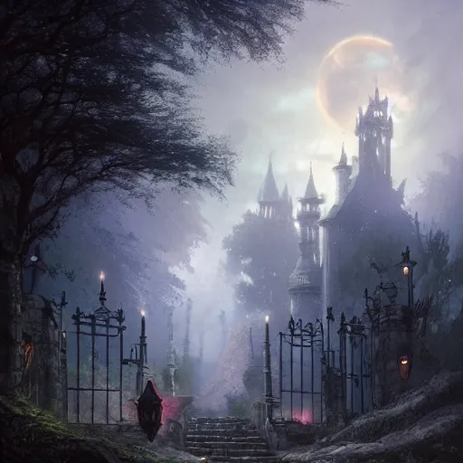 Image similar to a hidden gate in the trees, victorian setting, dramatic light, castle background, clouds, moon, storm, night, high detail, fantasy background, painted by greg rutkowski, digital art, trending on artstation