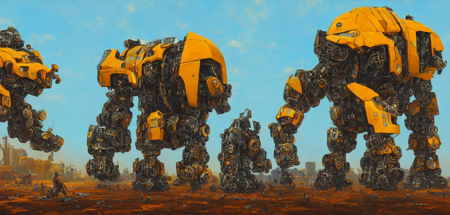 Image similar to an intricate oil painting of a giant south african armored gorilla shaped scrap metal mecha by simon stalenhag, yellow, orange and cyan paint decals