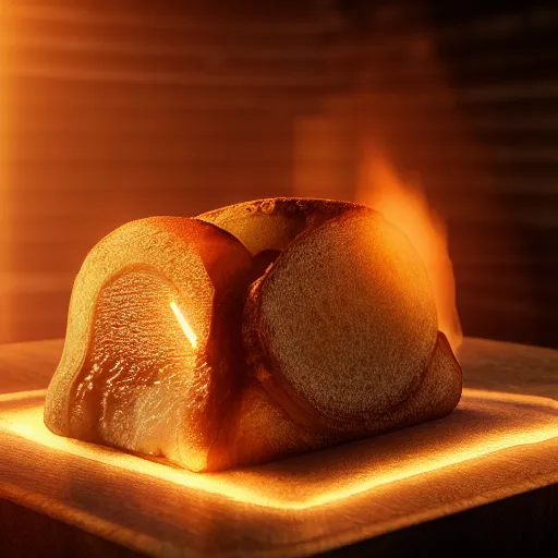 Prompt: octane render of a piece of toast lit by bright sunlight from behind, volumetric lighting, warm colours, cinematic, weta workshop, lens flare