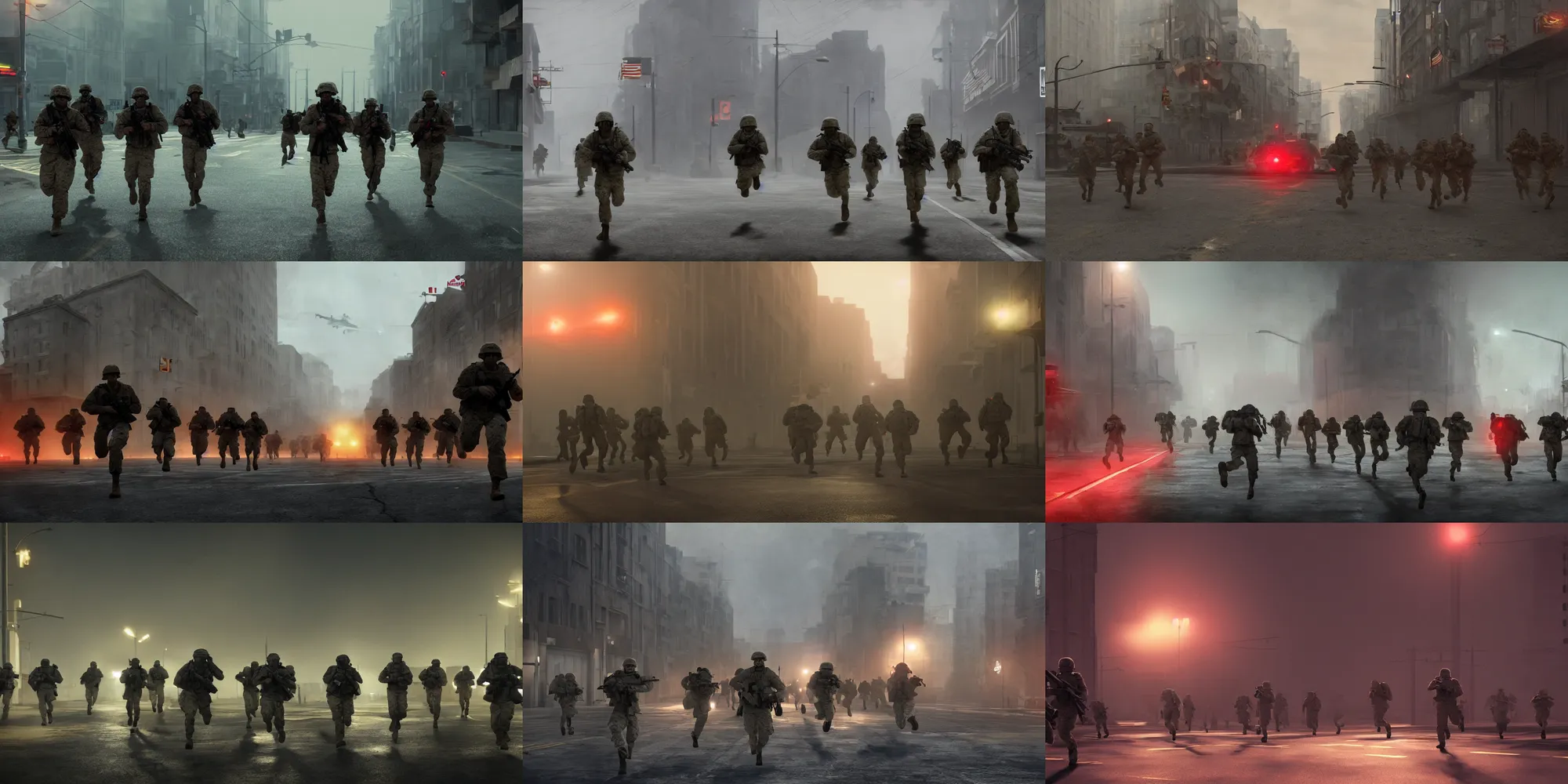 Prompt: troop of marines running on the street, dim warm fluorescent light, red flag, concept art, moody, william turner, cinematography, unreal engine, battlefield 2 0 4 2