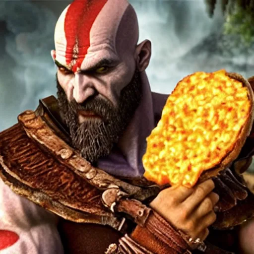 Prompt: kratos from god of war eating a cheeseburger