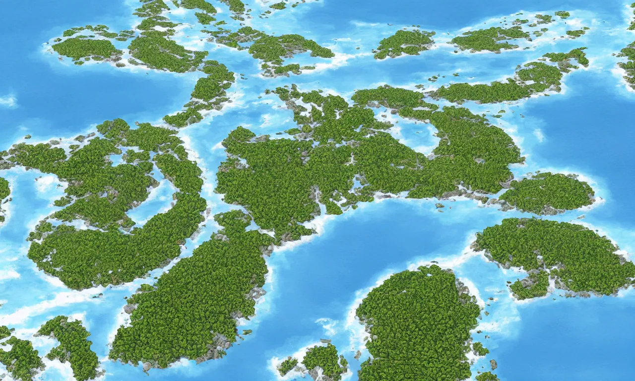 Prompt: sea-level view of archipelago of small islands interconnected by high speed rails, digital art, 3d, illustration