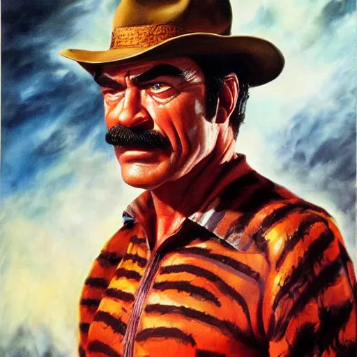 Image similar to ultra realistic portrait painting of tom selleck as freddy krueger, art by frank frazetta, 4 k, ultra realistic, highly detailed, epic lighting