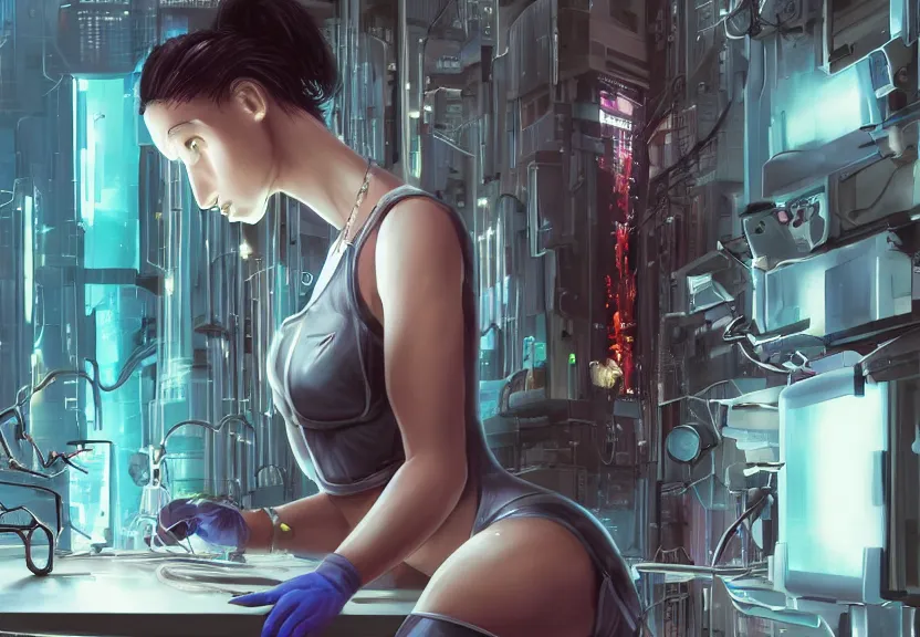 Prompt: cyberpunk girl replacing her brain in a laboratory, epic, artwork by Mead, Syd