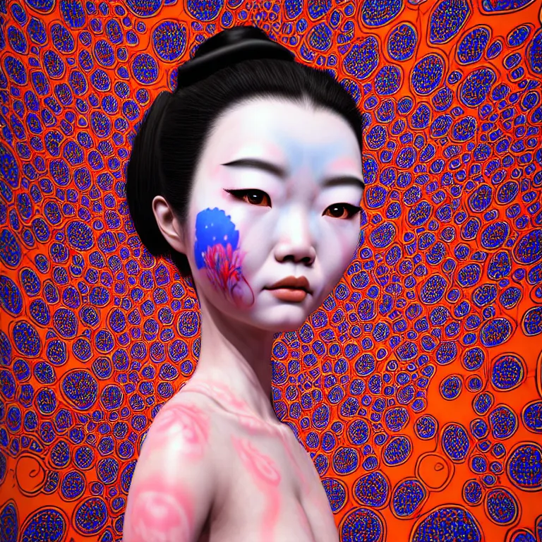 Prompt: realistic detailed image of a geisha in a padded room, 8 k conjuring psychedelic background, part by yayoi kusama, part by alex gray, part by ross tran, part by james jean, ultra realistic, highly detailed, life like face, detailed body, 8 k, octane render, trending on artstation, very cohesive, masterpiece