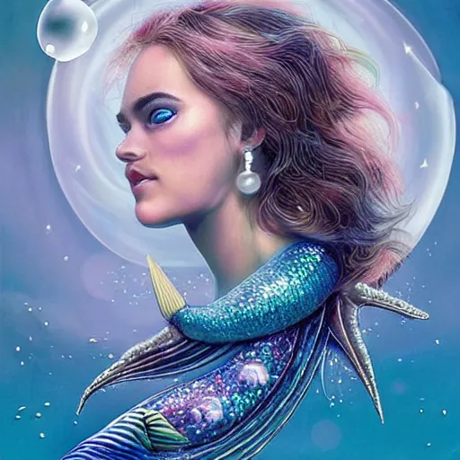 Prompt: “ robert pattison portrait, fantasy, mermaid, hyperrealistic, highly detailed, cinematic lighting, pearls, glowing hair, shells, gills, crown, water, highlights, starfish, jewelry, realistic, digital art, pastel, magic, fiction, ocean, game, king, colorful hair, sparkly eyes, fish, romantic, god, waves, bubbles ”