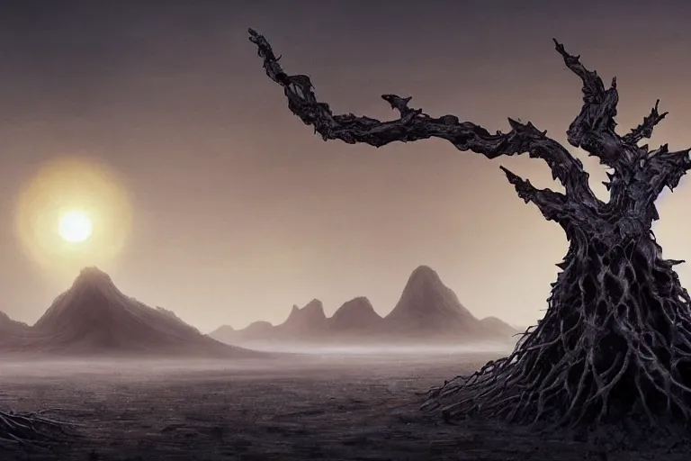 Image similar to cinematic fantasy landscape painting, primordial and cosmic, desert valley of bones, an eclipse, over an autumn maple bonsai growing alone that is yggdrasil, on a desolate sand dune in front of a primordial mountainous desert landscape of bones by and jessica rossier and hr giger, cinematic lighting