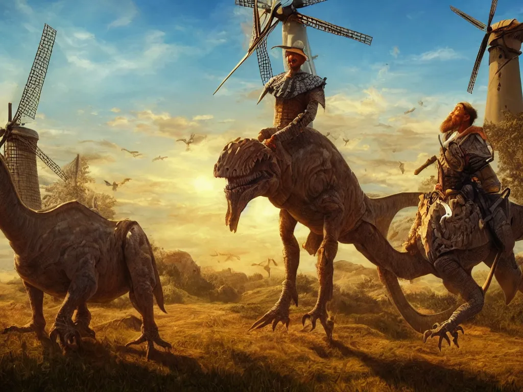 Image similar to portrait of don quixote sitting on a dinosaur in front of a windmill, summer, sun in the zenith, digital art, highly detailed, stunning scene, 4 k, realism, bright colors, trending on artstation