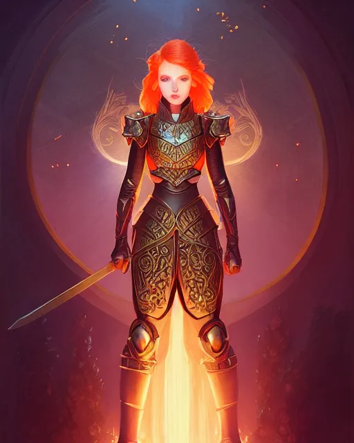 Image similar to symmetry full body of redhead princess, glam, cleric wearing armor plate, fireflies, crypt background, intricate, elegant, highly detailed, digital painting, artstation, concept art, smooth, sharp focus, illustration, art by artgerm and greg rutkowski and fra angelico and alphons mucha