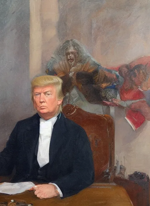 Image similar to portrait of the united states president, 1 8 6 7, donald trump. standing in the oval office. oil on canvas by william sidney mount, trending on artstation