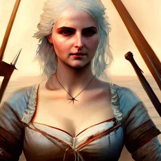 Image similar to Concept art of Ciri from the Witcher 3 in wooden bath, pretty face, 8k, uhd