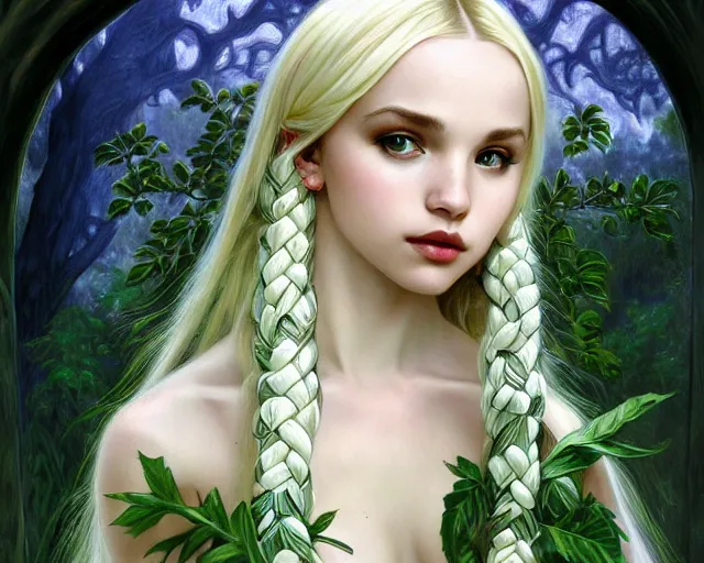 Prompt: gothic white mage blonde braided hair dove cameron wearing ethereal ivory carved bone armor looking into a deep well, green plants, intricate, elegant, highly detailed, digital painting, artstaion, concept art, smooth, sharp, focus, illustration, art by artgerm and alphonse mucha