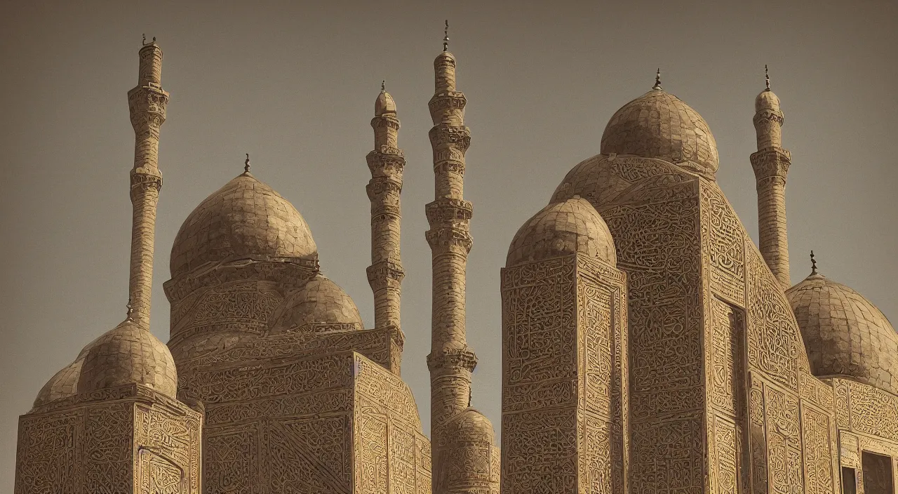 Prompt: An old mosque with huge dome and tall minarets, digital art,