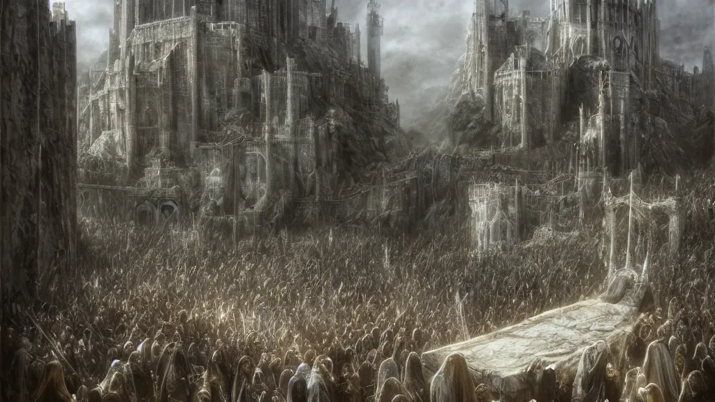 Image similar to funeral of aragorn, king elessar dead upon a pedestal in the middle of the white city in gondor, by alan lee, michal karcz, smooth details, lord of the rings, game of thrones, smooth, detailed terrain, oil painting, trending artstation, concept art, fantasy matte painting