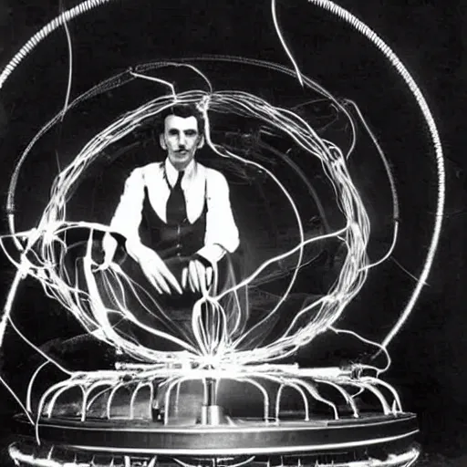 Prompt: nikola tesla sitting under a tesla coil, 1960s photography.