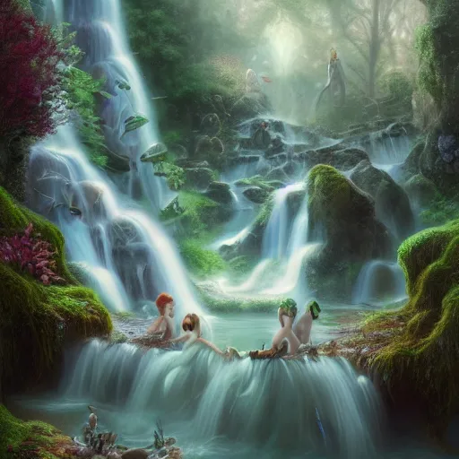 Image similar to tom bagshaw, fairies, soft painting render curiosities carnival pond river vegetation rocks bugs wildlife mushrooms covered moss bioluminescent wisps, beautiful stunning waterfall, accurate features, focus, very intricate ultrafine details, random volumetric lighting, fog, award winning masterpiece, octane render 8 k hd, artstation