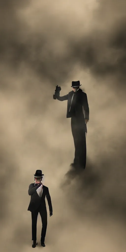 Image similar to mysterious man in black suit and black hat, he has a pistol, smoke, fog, mysterious, 4 k, highly detailed, digital art, strong shadows, high contrast, epic scene, atmospheric, blue colours, old photograph