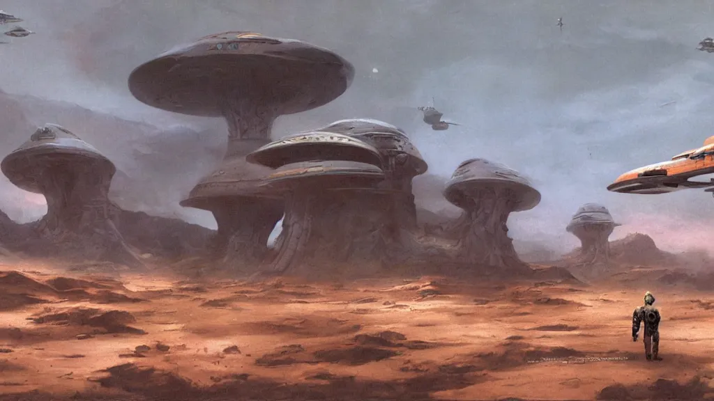 Image similar to small organic dropship lander by john schoenherr and jim burns, epic cinematic matte painting