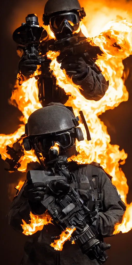 Image similar to portrait of a burning swat agent with a tactical helmet and goggles holding a machine gun, flames, at night, mid shot, editorial photography