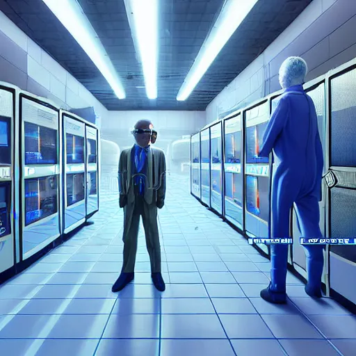 Image similar to hyperrealism colour detailed photography scene by stanley kubrick of highly detailed stylish system administratorfrom the far future as robot human style by gragory crewdson and katsuhiro otomo, mike winkelmann with many details by josan gonzalez working at the detailed data center by laurie greasley hyperrealism stock photo on dsmc 3 system volumetric led light rendered in blender