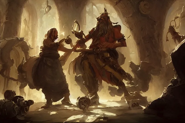 Prompt: an old musician teaching its artificer apptentice a visual melody in the baroque era, hearthstone art style, epic fantasy style art by Craig Mullins, fantasy epic digital art, epic fantasy card game art by Greg Rutkowski