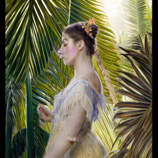 Image similar to a ultradetailed beautiful painting of a ballerina in the amazonas palace balustrade designed by jules bastien - lepage, hans belmer, frank weston and gustave baumann, beach, trending on artstation, mediterranean, palm trees, refracted color sparkles, sharp focus, soft light, 8 k 4 k