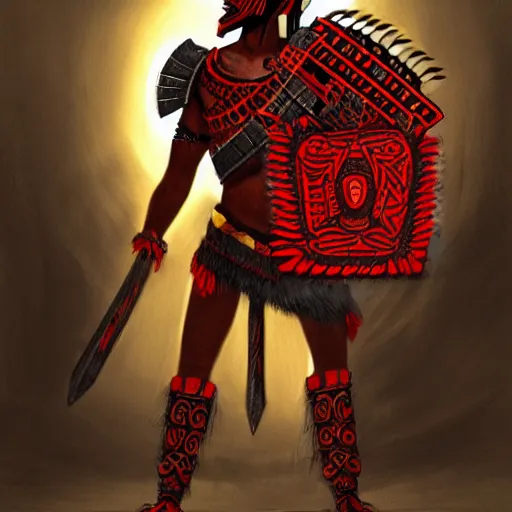 Image similar to aztec warrior in a ornated armor preparing for war, full body, dynamic pose, red and black neon, concept art, intricate details, highly professionally detailed, cgsociety, highly detailed -