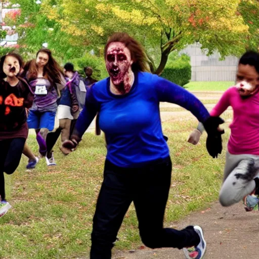 Prompt: teacher running from zombified students