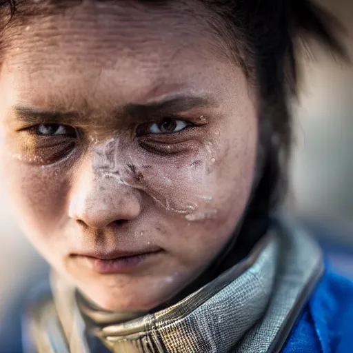 Image similar to photographic portrait of a poor techwear woman holding back tears, a futuristic shanty town burns in the background, closeup, sigma 85mm f/1.4, 4k, depth of field, high resolution, 4k, 8k, hd, full color