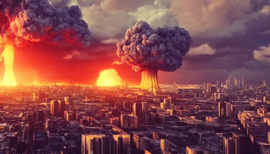 Prompt: nuclear explosion in a big city, octane render, 8 k, vivid, hdr