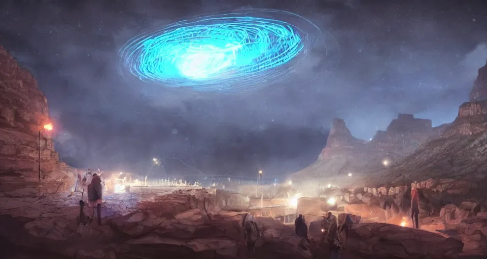 Image similar to night, a lot of people and a spiral - shaped white luminous attractor is floating in grand canyon, concept art, art for the game, professional lighting, art