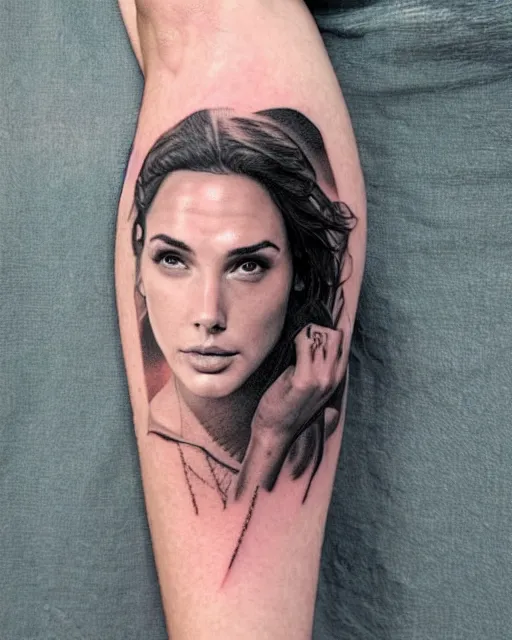 Image similar to creative double exposure effect tattoo design sketch of beautiful gal gadot faded with beautiful mountain scenery, realism tattoo, in the style of matteo pasqualin, amazing detail, sharp