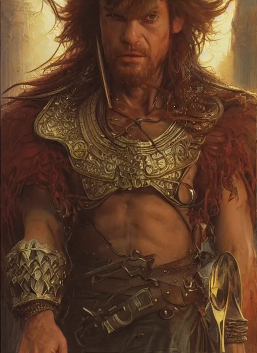 Image similar to a hyperrealistic and detailed paintbrush portrait of a male fantasy character, art by donato giancola and bayard wu and gustav moreau and wayne barlowe, rpg portrait, conan, krull, 8 0's fantasy movies