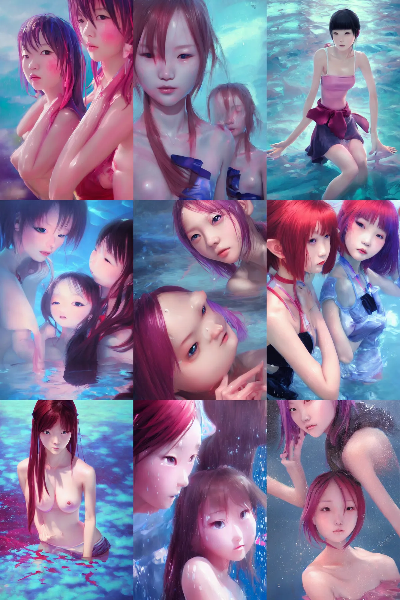Prompt: 3d dark infrared octane render concept art by D. Jun, by Mo Xiang Tong Xiu, by Igarashi Daisuke, beauty portrait anime schoolgirls under dark pink and blue water. cute face. wet reflections. dramatic light, trending on artstation, oil painting.