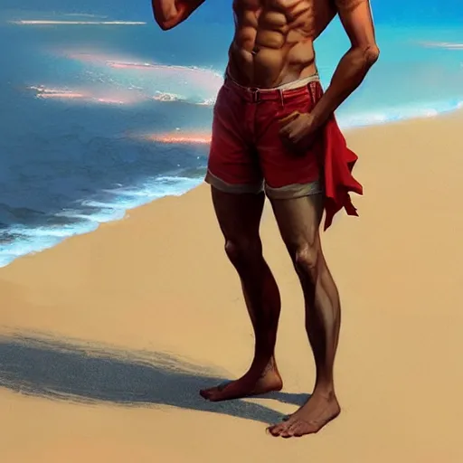 Image similar to beautiful commission of a male anthropomorphic horse wearing red shorts on the beach,digital art,art by greg rutkowski,ross tran,professional character design,artstation,deviantart,photorealistoc,hyperdetailed,detailed face,high resolution,high quality