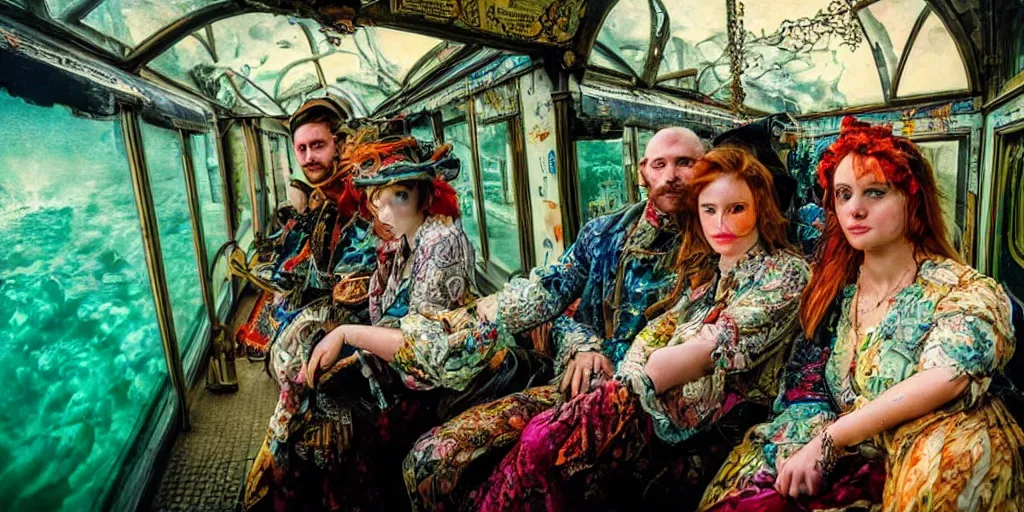 Image similar to detailed colourful masterpiece of photography couple portrait sat down extreme closeup, inside a beautiful underwater train, detailed realistic expressions, wearing unusual clothes, by ford maddox brown