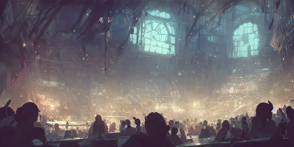 Image similar to Concert in an Auditorium by Makoto Shinkai, nier automata environment concept art ,Greg Rutkowski and Krenzcushart