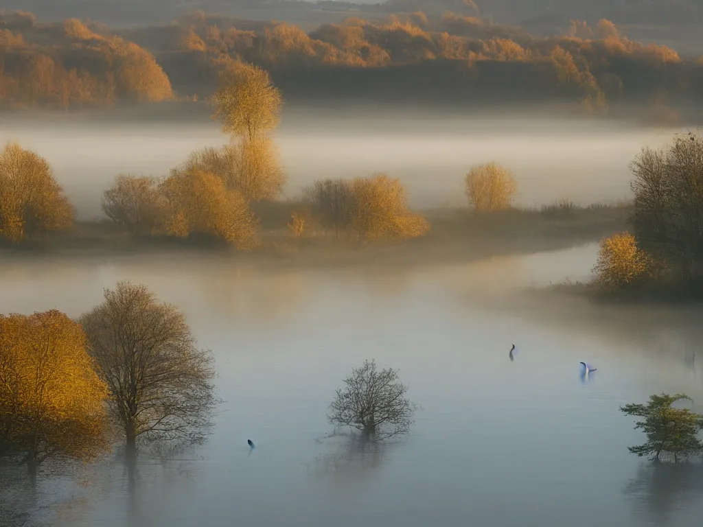 Image similar to A landscape photo taken by Kai Hornung of a river at dawn, misty, early morning sunlight, cold, chilly, two swans swim by, rural, English countryside