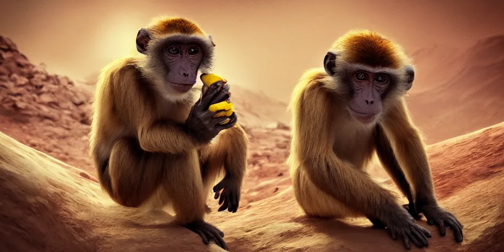 Prompt: monkey on planet mars eating banana, artstation top, high definition, deviant art, extremely beautiful