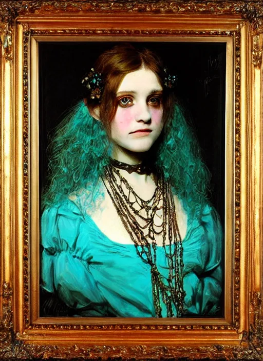 Prompt: ( ( gothic # ) ) princess portrait *. *. by william henry hunt * *, highly detailded, turquoise rust, steampunk