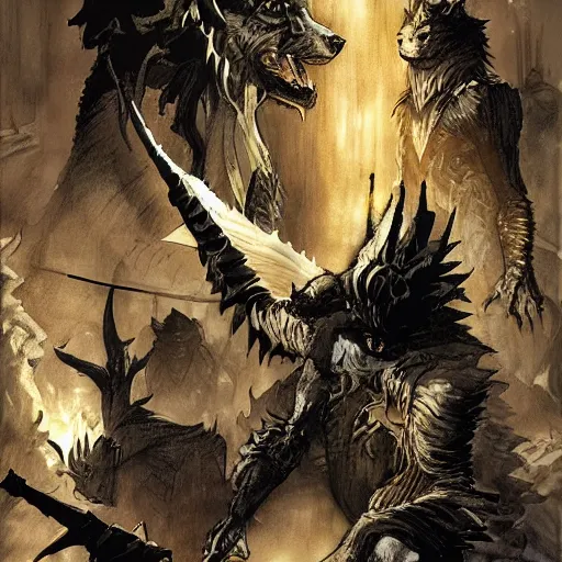 Image similar to king of the wolves. By Travis Charest, James Gurney, and Ashley Wood. dramatic lighting. Magic the gathering. digital painting.