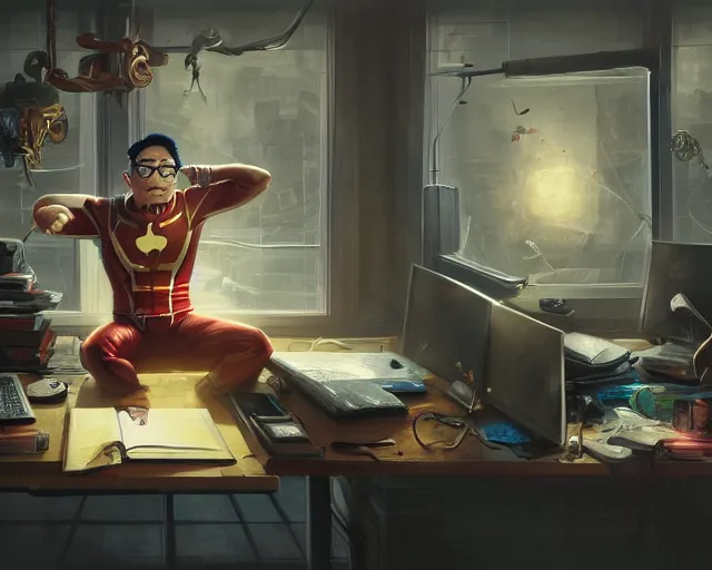 Image similar to an insanely detailed painting of a nerdy asian man wearing a superhero costume, sitting at a desk, staring at the nervously at the computer and typing, in the style of peter mohrbacher, dramatic lighting and composition, surreal background, octane render, pixar, trending on artstation, concept art, comic book, view from behind